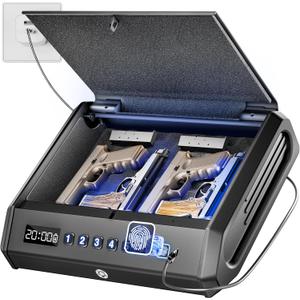 Large Biometric Gun Safe fits 4 pistols, 100 Sets of Fingerprint Handgun Safe with Internal Light & Silent Mode, Gun Lock Box for Home Bedroom Bedside Nightstand and Car, Rechargeable, TOPMEDA