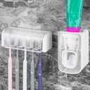 5 Slots Wall Mount Toothbrush Holder with Cover, Self Adhesive Toothbrush Storage Organizer for Shower, Toothbrush Hanger with Automatic Toothpaste Squeezer Dispenser (White Combination)