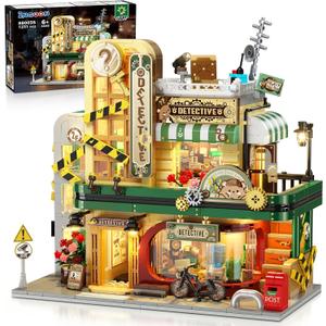 Detective Agency Building Set with LED Light, 1231PCS Detective House Building Block Toy Home Decor with Clues, Miniature House Construction Model Gift for Adults Teens Kids Boys Girls 8-12+