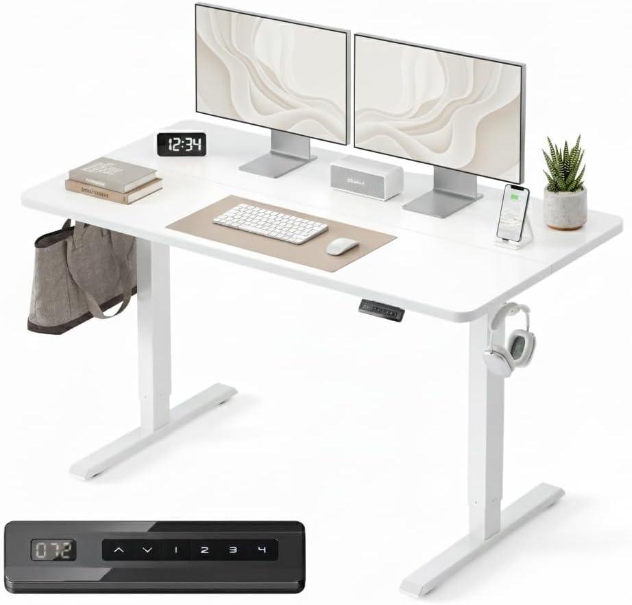 FEZIBO Electric Height Adjustable Standing Desk, 60x140cm Ergonomic Home Office Table with Splice Board & White Wood Grain Surface, Upgraded Stable Steel Frame for Sit-Stand Workstation
