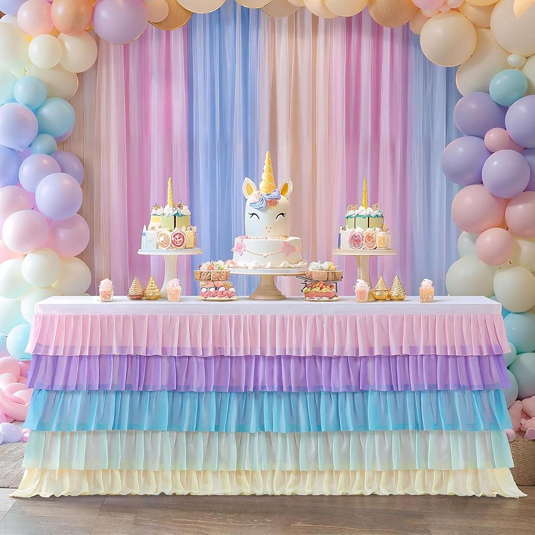 Besutolife Pastel Rainbow Table Skirt Ruffle Party Tablecloth for Rectangle Table 6ft Birthday Party Baby Shower (72" x 30" (6ft))