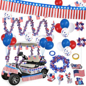 4th of July Golf Cart Decorations 250th Anniversary Patriotic Independence Day Decoration Kit Balloon Rain Silk Curtain Wreath Color Bar Magnet Flag Windmill Ribbon for Parade Party Yard Decorations