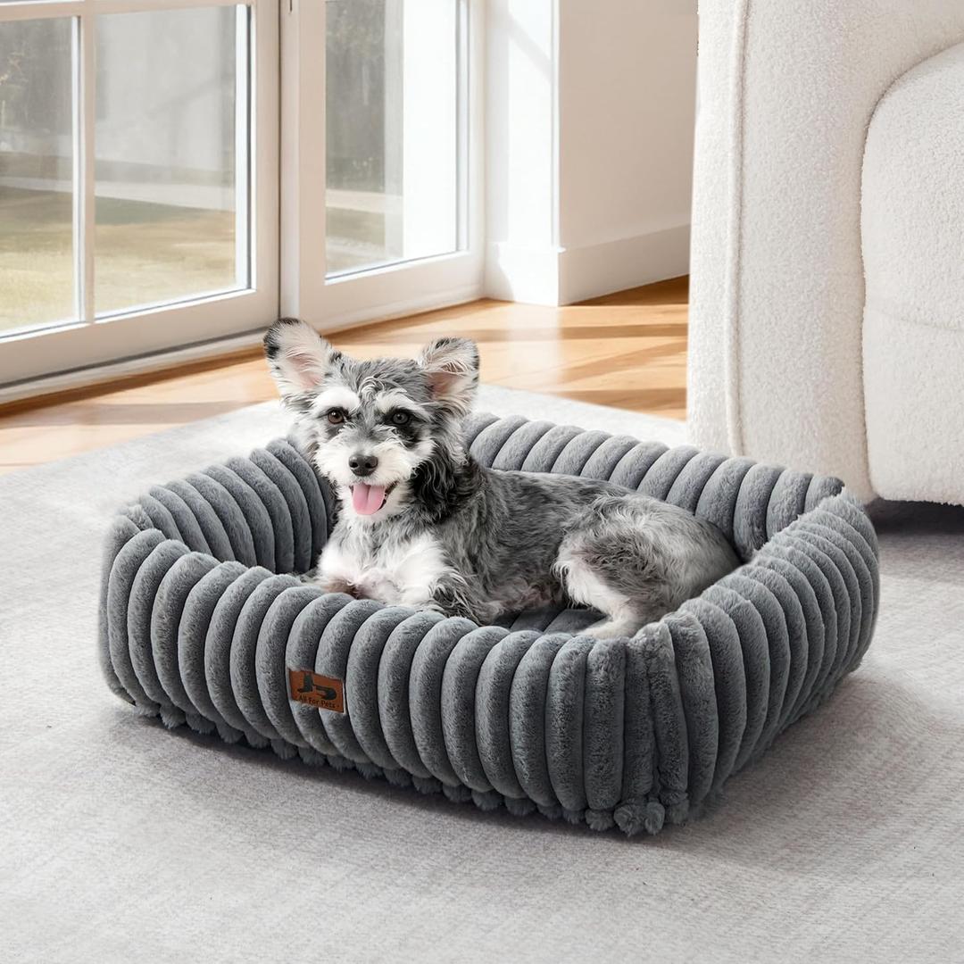 Washable Dog Bed for Small Medium Dogs - Rectangle Orthopedic Corduroy Fleece Pet Bed with Removable Cover and Nonskid Bottom, Calming Puppy Bed Soft Pet Sofa, Grey(20x19x6inchs)