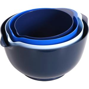 BoxedHome Nesting Plastic Mixing Bowl Set With Pour Spout, Microwave and Dishwasher Safe, BPA free Non-Slip Base, Set of 4 Size 1.7, 2.5, 3.5 and 4.5qt, Great for Prepping, Baking, Cooking (Dark Blue)