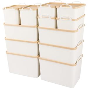 ANMINY 12PCS Plastic Storage Bins Containers with Lids, Large White Storage Organization Bins Boxes, Lidded Plastic Storage Baskets for Closet Shelves Drawers Desktop Home Office (2 Extra Large 4 Large 2 Medium 4 Small)