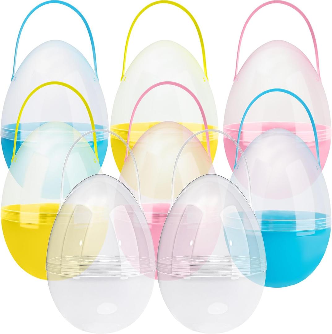 8 Pcs 10 Inch Translucent Jumbo Easter Eggs Large Plastic Giant Easter Eggs with Handle for Easter Hunt Supplies Basket Stuffers Holiday Decoration