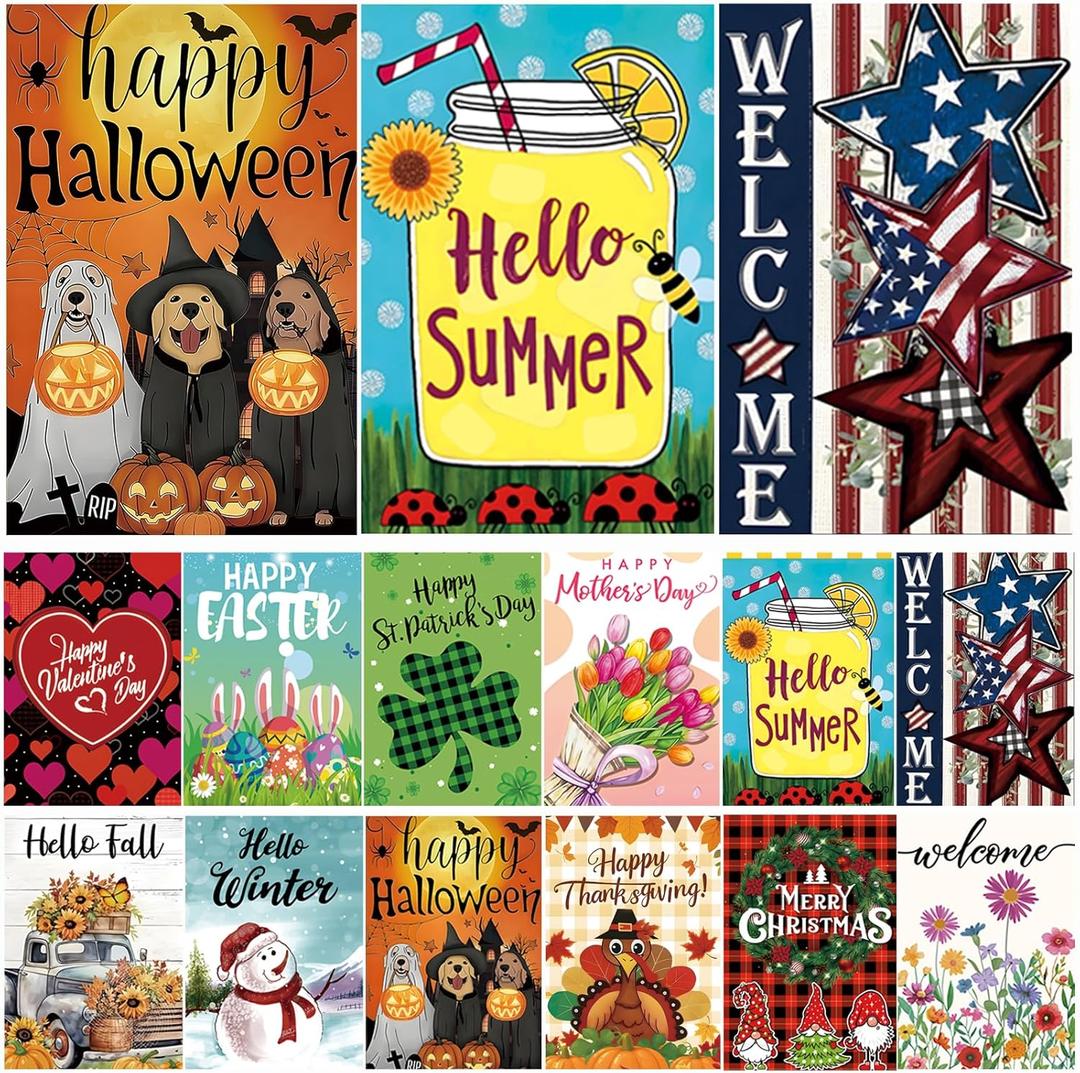 Seasonal Garden Flags Set of 12 Double Sided 12 x 18 Inch, Small Yard Flags for Outside, Summer Fall Garden Flag, 4th of July Christmas Outdoor Flag, Holiday Garden Decorations for All Seasonsason