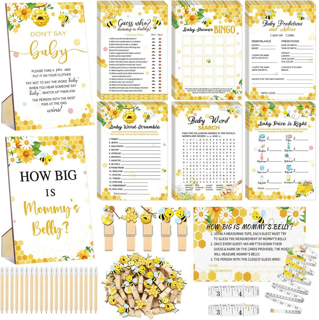 426 Pcs Bee Baby Shower Games Set-8 Games, Includes Baby Shower Bingo, Price is Right, Guess Who, Word Scramble, Prediction and Advice, How Big is Mommy's Belly, Don't Say The Words (Yellow)