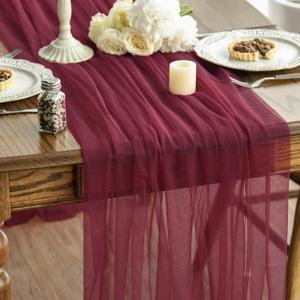 Artoid Mode 3PCS Burgundy Gauze Table Runner 120 Inch 10FT, Seasonal Sheer Kitchen Dining Holiday Wedding Birthday Baby Shower Table Decor for Home Party