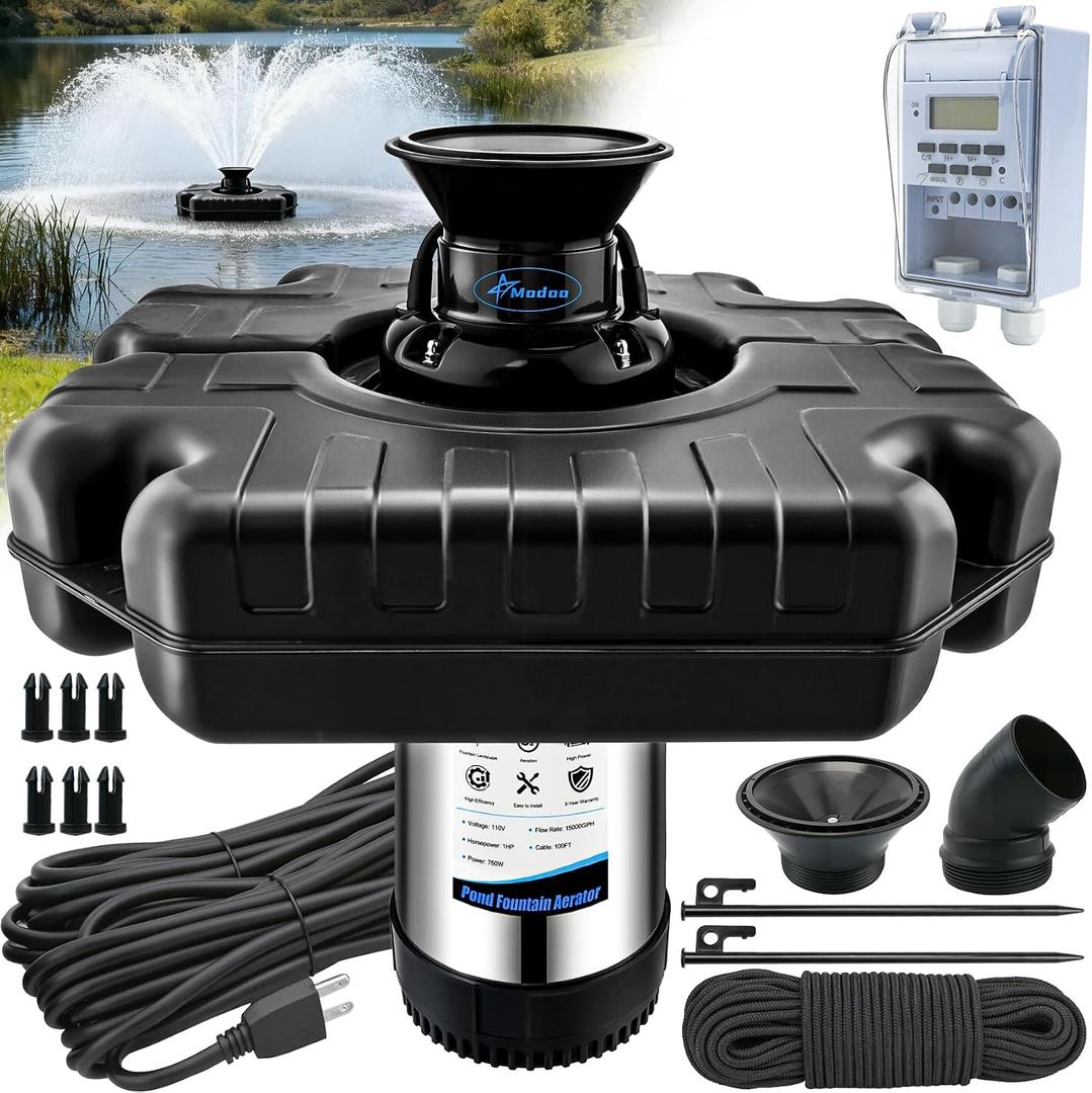 Pond Fountain Aerator, 1HP 750W Floating Fountain Aerator System for Outdoor Small Large Pond Lake, 110V 15000 GPH Fully Automatic Stainless Steel Fountain Pump with 100 Feet Power Cord