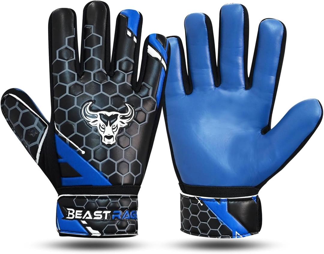 BEAST RAGE Soccer Goalkeeper Gloves for Kids Boys Youth,Soccer Goalie Gloves 4MM Anti-Slip Latex Palm Double Wrist Support,All Weather Football Gloves (Size 5 Suitable for 9-12 Years Old, Blue)