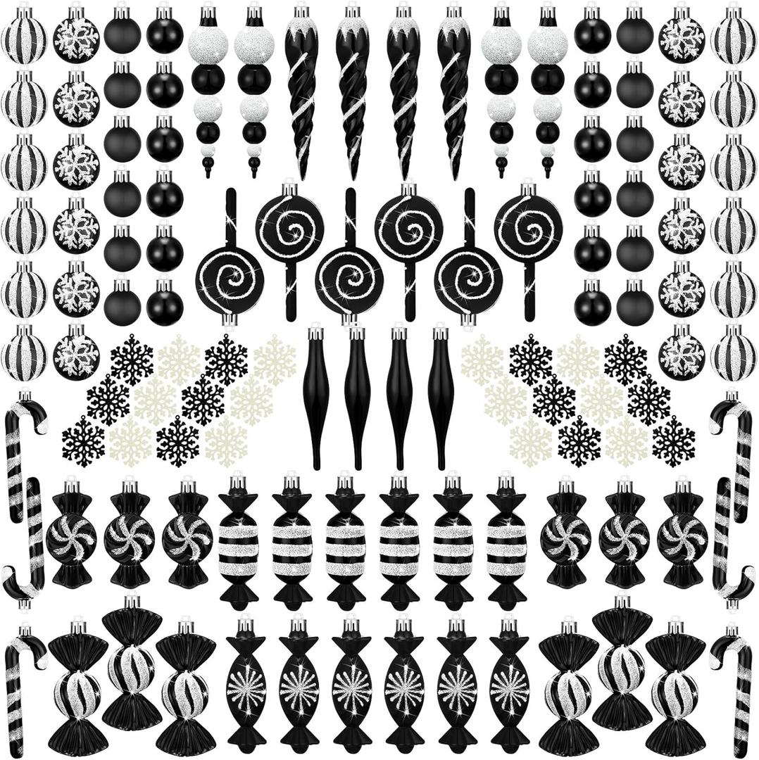 120 Pcs Black and White Christmas Tree Ornaments Christmas Ball Snowflake Hanging Candy Ornaments Swirl Lollipop Ornament Candy Cane Decorations for Xmas Tree Party Decor