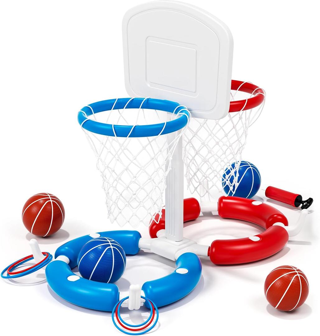 Double Pool Basketball Hoop with Backboard &Ring Toss Game, 2-in-1 Floating Pool Toy with 4 Balls 8 Rings&Pump,2 Player Games Summer Activities for Kids 5-8 8-12& Adult,Outdoor Swimming Party Gifts