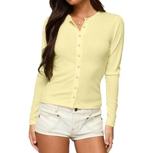 Women Open Button Down Picot Crew Neck Long Sleeve Cropped T Shirts Slim Fit Pointelle Crop Tops Fall Tees Outfits Yellow (Yellow, M)