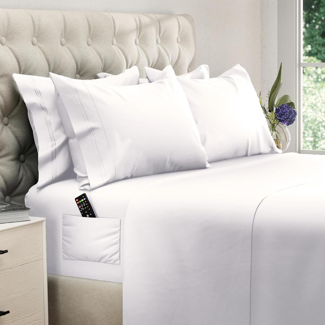 DREAMCARE King Size Sheets Set - 6 pcs Breathable Cooling Bed Sheets - up to 21" Extra Deep Pocket King Sheet Set with Side Pockets - Extra Soft 100% Brushed Hypoallergenic Hotel Luxury Bedding- White