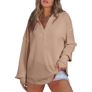 AlvaQ Womens Oversized Sweatshirt Loose V Neck Long Sleeve Lapel Collared Waffle Knit High Low Pullover Tops (Brown, L)