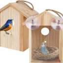 Window Bird House for Outside with Strong Suction Cup, Upgraded See Through Window Birdhouse for Viewing Inside, Wooden Bird Nesting Box for Bluebird Finch Chickadee Outdoors, Best Gift for Kids