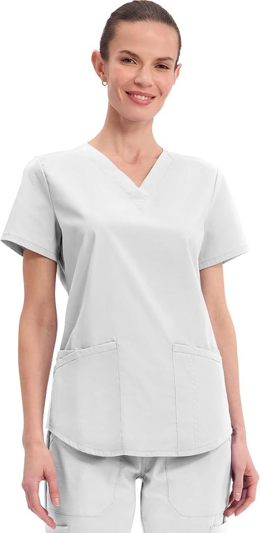 Cherokee Scrubs for Women V-Neck Top, 3 Pockets, Fade Resistant, Soft Stretch Fabric with Shirttail Hem & Side vents - WW665 (Small, White)