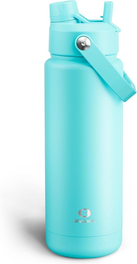 ENCOOL Insulated Water Bottle with Straw Stainless Steel Water Bottle, Leak-Proof, BPA-Free, Double Wall Vacuum Keeps Cold for 24 Hours for Sports, Travel, School (32 oz, Aquamarine Blue)