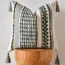 AmHoo Chenille Striped Textured Boho Throw Pillow Covers Aesthetic with Tassels Woven Decorative Pillow Case for Couch Bed Sofa Bedroom Modern Funky 18 x 18-Inch Sage Green