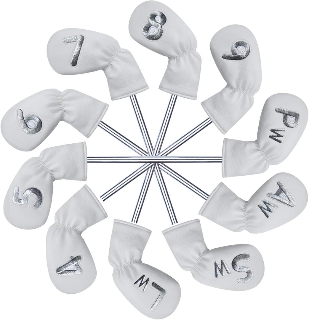 10 Pcs Iron Covers for Golf Clubs, Premium PU Leather Golf Iron Covers with Embroidered Big Numbers, Fits Most Iron Clubs and Hybrid Irons, Easy On and Off