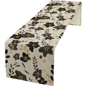 Black Gold Floral Table Runner, Mordern Minimalist Luxury Golden Floral Leaves Print Table Runner for Indoor Outdoor Home Decor Party Decor, 13x36inch