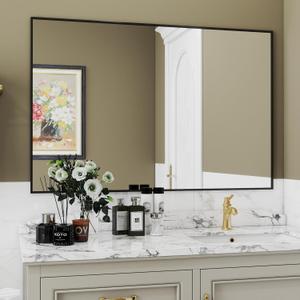 LUSABE 48x32 Black Framed Bathroom Mirror, Matte Black Bathroom Vanity Mirror Farmhouse, Large Rectangle Wall Mirror, Anti-Rust, Tempered Glass, Shatter-Proof, Easy to Install Vertically/Horizontally