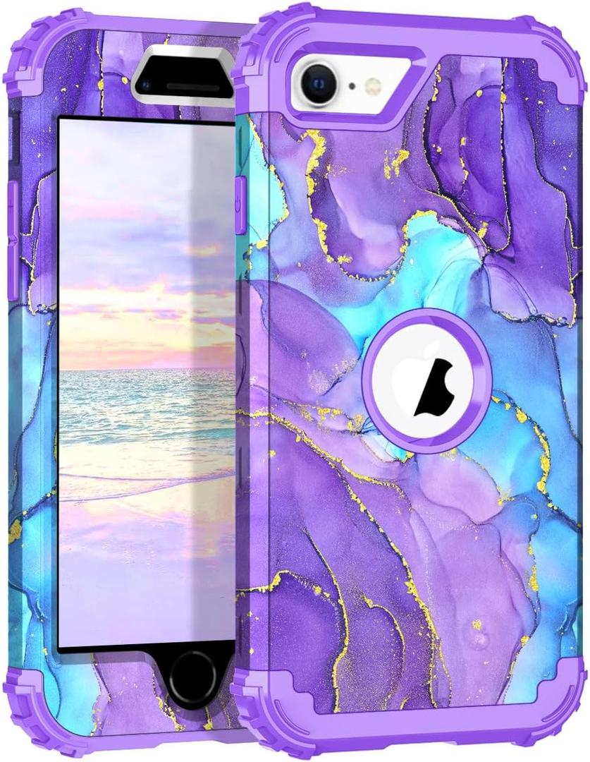 Hocase for iPhone SE 2022/2020 Case, Heavy Duty Shockproof Protection Hard Plastic+Silicone Rubber Hybrid Protective Case for iPhone SE 3rd/2nd Generation (4.7") - When Purple Meets Blue
