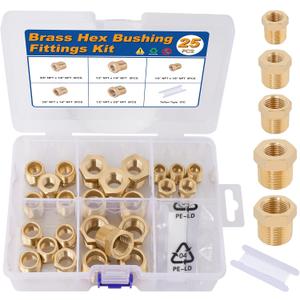 KOOTANS 25PCS Brass Hex Bushing Kit Brass Fittings Assortment 1/4" to 1/8", 3/8" to 1/8", 3/8" to 1/4", 1/2" to 1/4", 1/2" to 3/8" NPT Reducer Pipe Fittings Adapter Fitting
