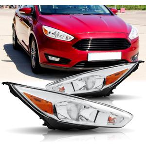Headlights Assembly Compatible with 2015 2016 2017 2018 Ford Focus W/DRL Halogen Model Headlamp Replacement Chrome Housing Pair