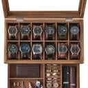 SONGMICS 12-Slot Watch Box, 2-Tier Watch Display Case with Large Glass Lid, Removable Pillows, Velvet Lining, Jewelry Box, Gift Idea, Rustic Walnut UJOW012K01
