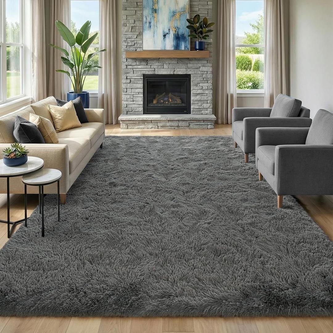 Large Smoky Grey Fluffy 9x11 Area Rugs for Living Room Clearance