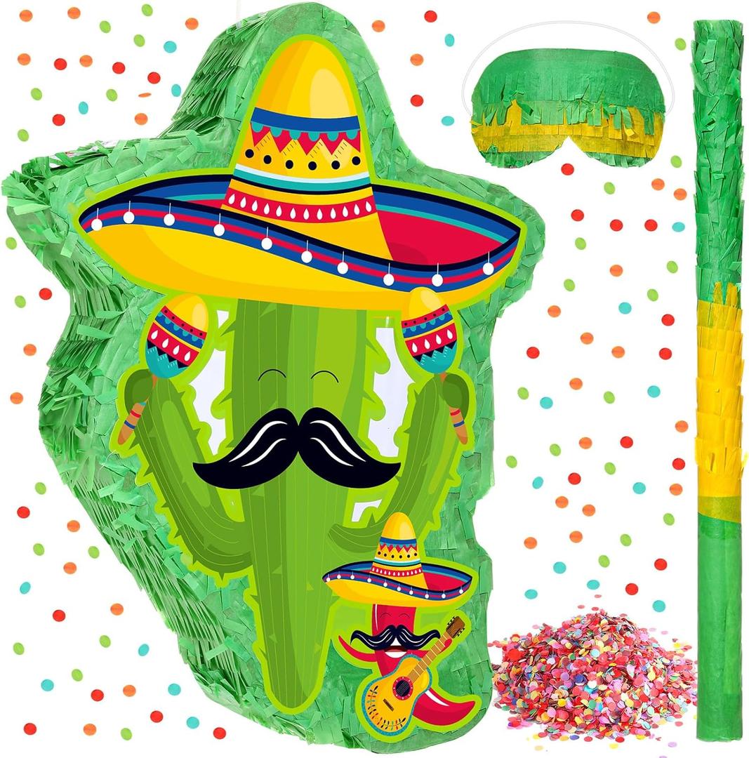 Lenwen Mexico Cactus Piata 16x12x3 Inch Cactus Piata with Stick Blindfold and Confetti Pepper Piata with Mexico Hat Cinco De Mayo Fiesta Red Chili Piata for Party Game