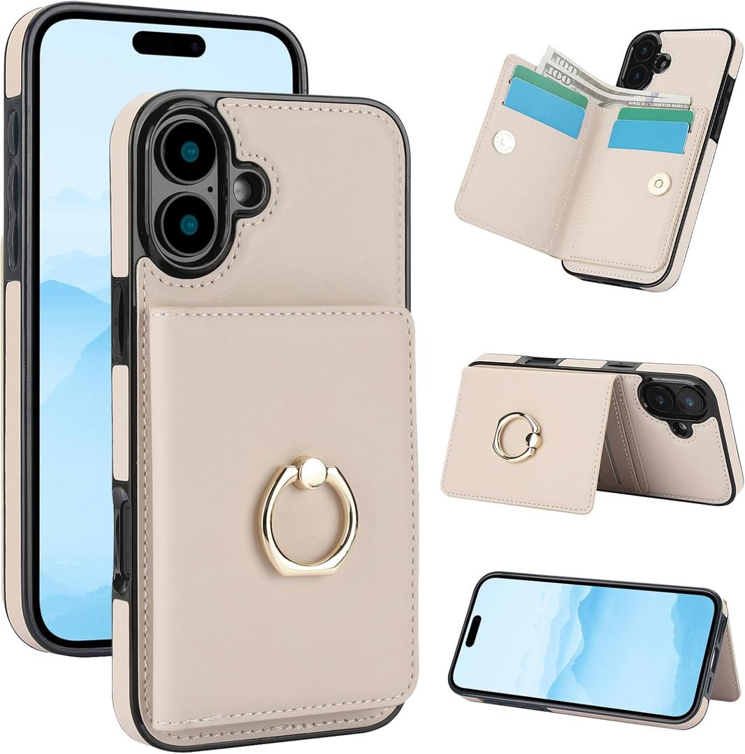 TIANLI Case for iPhone 16 Wallet Case with Card Holder, 360 Rotation Ring Kickstand RFID Blocking PU Leather Double Magnetic Clasp Shockproof Cover for Women and Man (White)