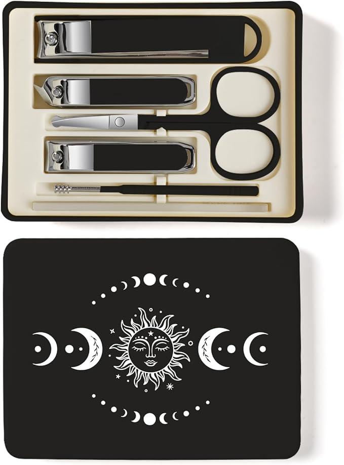 TTJHGYQO 6-Piece Nail Clipper Set with Nail File, Tweezers and ingrown toenail Removal kit Travel Nail kit for Men and Women (Moon Black) Pack of 2