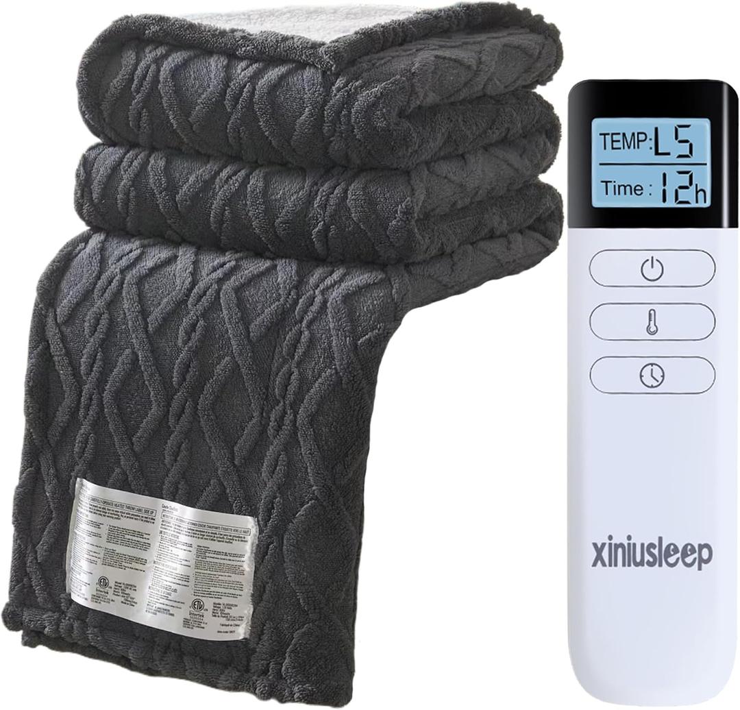 Heated Blanket Electric Blanket 62"x84", Soft Taffeta Sherpa Electric Throw with 5 Heating Level & 1-12 Hour Auto Off, Heated Throw with Overheating Protection, Machine Washable (Dark Grey)