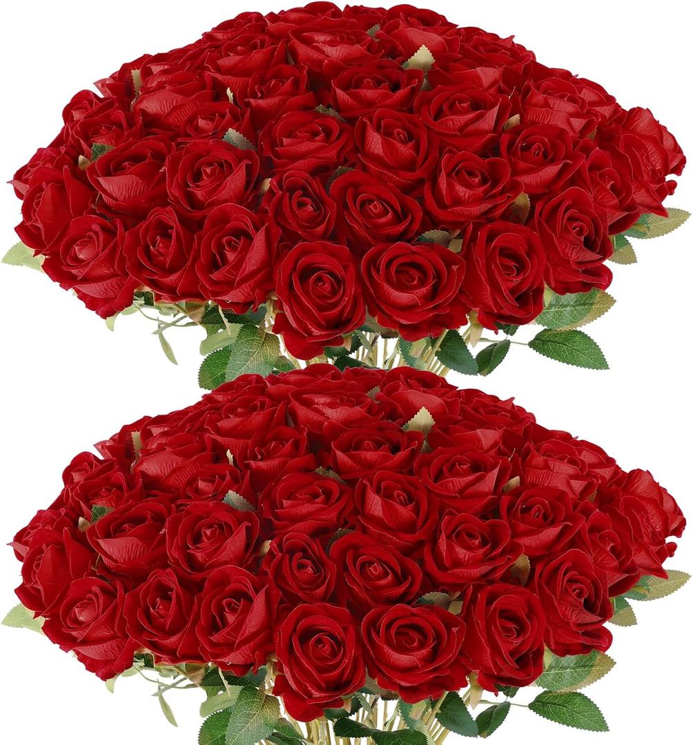 Rowfad 60 Pcs Artificial Roses Bulk Velvet Silk Roses Red Rose Flowers for Wedding Centerpieces Bridal Bouquet Mohter's Day Valentine's Day Christmas Home Decor (60, Red)