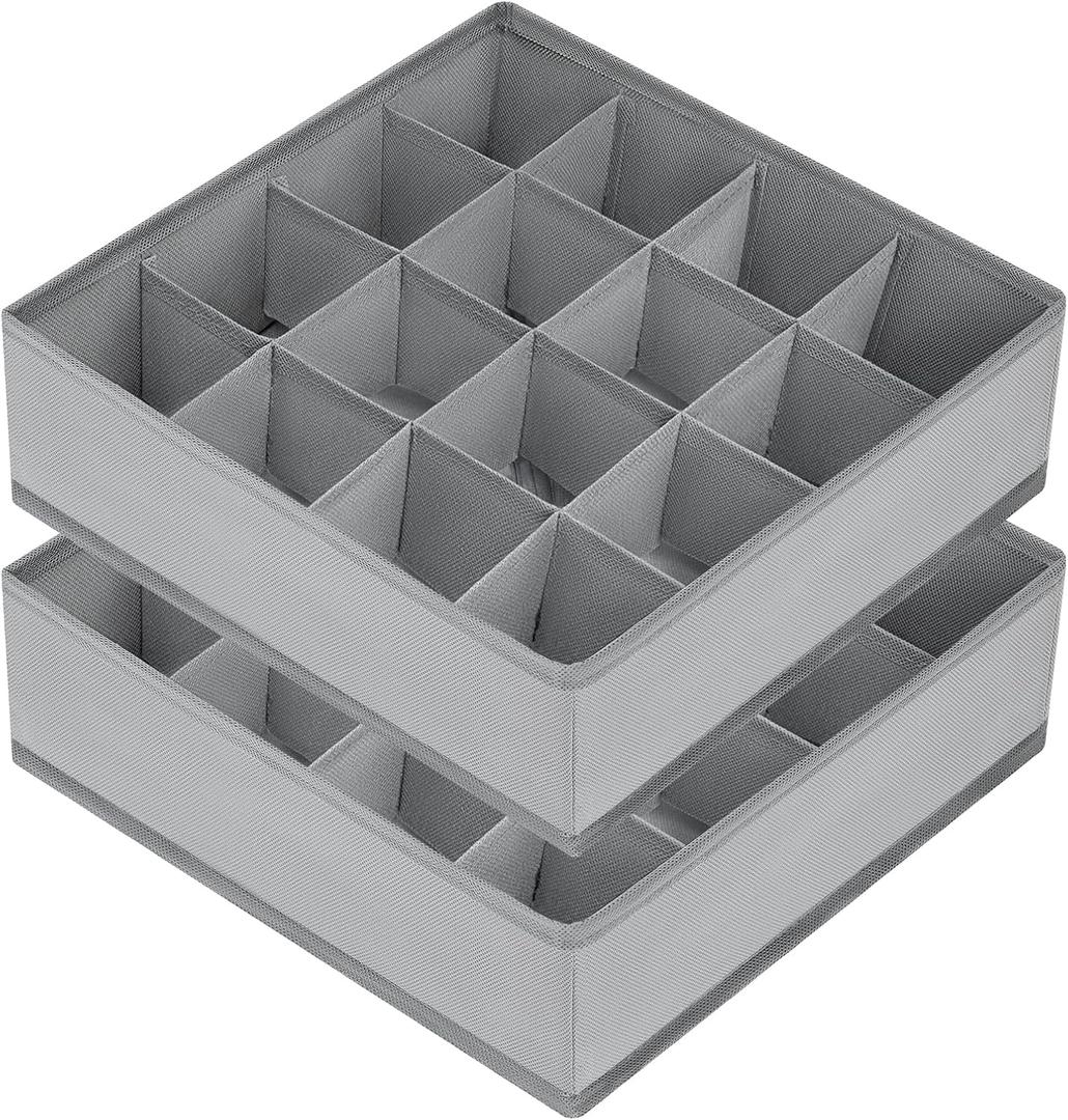 DIMJ Sock Organizer Drawer Organizer -Underwear Organizer Divider for Storing Socks 24 Cell + 16 Cell, Handkerchiefs, Ties, Belts, Grey (Set of 2)