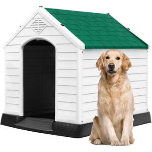 DWVO Plastic Dog House, Weatherproof Outdoor/Indoor Doghouse, Puppy Kennel with Air Vents and Elevated Floor (41.3"L x 38"W x 38.8"H, Green)