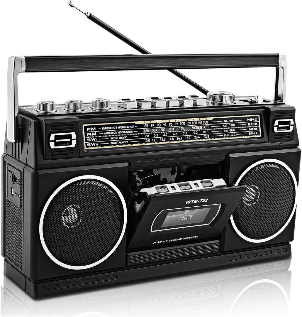 Retro Classic 80s Style Portable Boombox with Cassette Player Recorder, AM/FM/SW1/SW2 Radio, Bluetooth, USB/Micro SD Slots, Headphone Jack, 24W Dual Full-Range High Bass Speakers (Black)