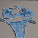 Lilosy Sexy Underwire Cute Push Up Strappy Embroidered Mesh Sheer Lingerie Set See Through Panty Bra S, Bow Light Blue