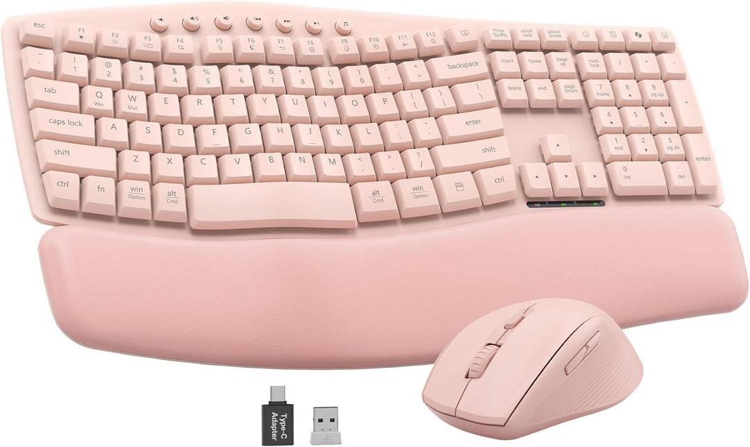 Pink Wireless Keyboard and Mouse Combo, 30dB Quiet Ergonomic Wave Keyboard Set with Soft Leather Palm Rest, Dual-System Switch for Windows/Mac, Ideal for Business Teams Home Office - SABLUTE MA41