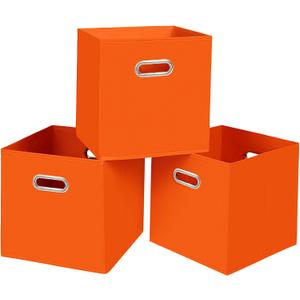 Black Fabric Cubby Storage Bins,13x13x13 Inches ,Cube Organizer Bin Foldable Storage Boxes with Dual Handles Fabric Organizer Box and collapsible Storage basket,Set of 3,Orange