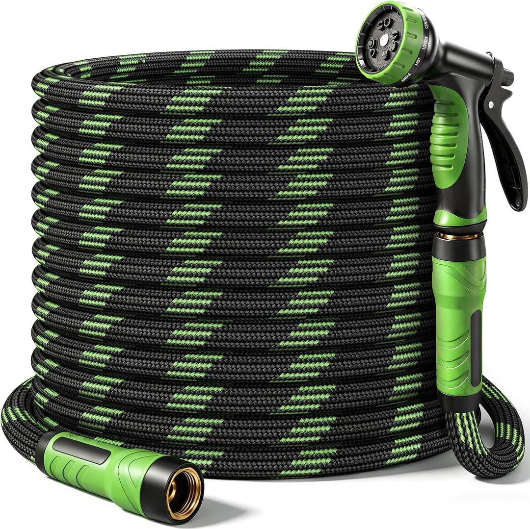NON-EXPANDABLE Garden Hose 75 FT, Heavy Duty Steel Metal Flexible Water Hose with 10-Function Spray Nozzle, Durable Fabric Skin, No Kinks & Leak-Proof with Upgraded Handle
