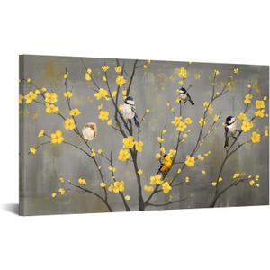 iHAPPYWALL Large Floral Bird Canvas Wall Art Abstract Birds on Flower Tree Branch Yellow and Gray Artwork for Modern Home Bedroom Decor Ready to Hang 20x36inch