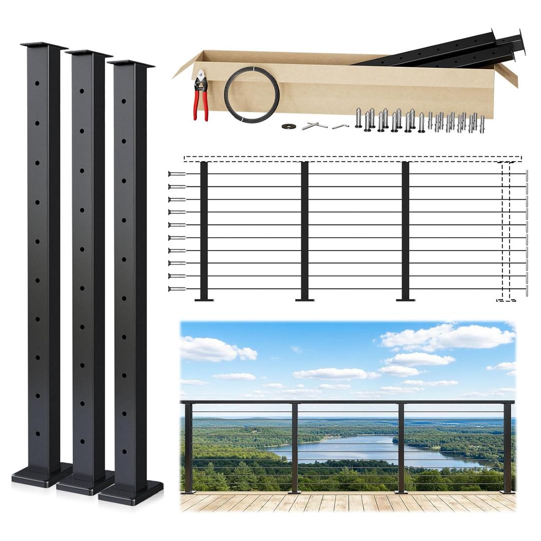 Muzata 5ft-10ft Cable Railing Kit 36" 2PACK Black Posts PS02 with 150ft 1/ 8 Stainless Steel Cable WR19 Cable Railing System DIY Kit (No Handrail), RWS2 BH4S