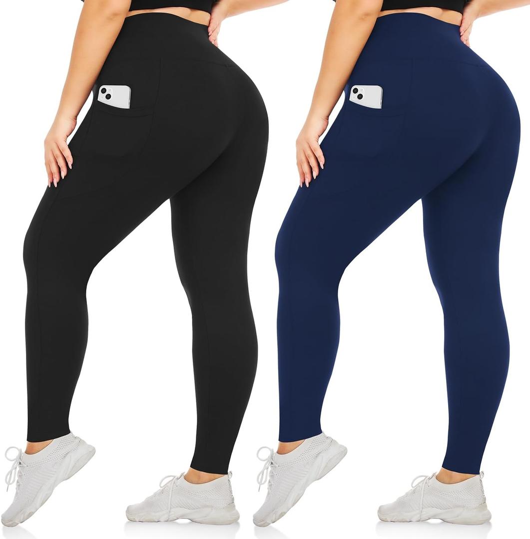 yeuG Women's Plus Size Leggings with Pocket-High Waist Tummy Control Yoga Pants Workout Running Black Leggings (Black, XL)