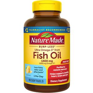 Nature Made Burp Less Ultra Omega 3 Fish Oil Supplements, 1400mg Fish Oil Omega 3 Supplements as Ethyl Esters for Healthy Heart Brain Eyes Support, One Per Day, 90 Softgels