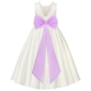 Girls Satin Flower Girl Dress with Pearl Trim Organza Sash and Detachable Bow Sleeveless Ankle Length Formal Gown (Purple, 10-11/150)