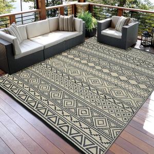 GarveeHome Outdoor Rug 8x10 Reversible Mats, Plastic Straw Rug, Modern Area Rug, Large Floor Mat and Rug for Outdoors, RV, Patio, Backyard, Deck, Picnic, Beach, Trailer, Camping, Coffee/Black(Boho)